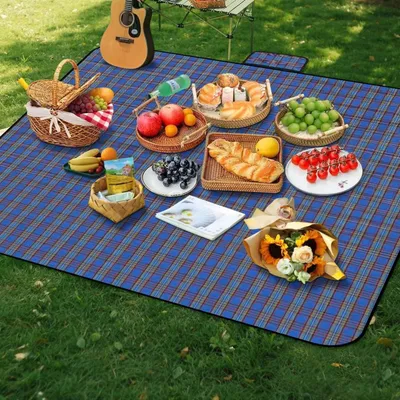 Obrázek produktu pro Voděodolná piknikovací deka, rozměry 200 x 200 cm, modrá, s proužky, skládací, přenosná, vhodná pro outdoor, kempování, pláž a park