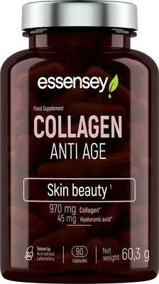 A bottle of Essensey Collagen Anti Age food supplement capsules.