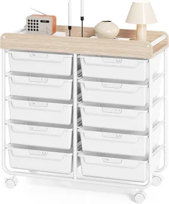 Image de Meuble de rangement sur roulettes avec 10 tiroirs, chariot de rangement avec tiroirs pour matériel de loisirs créatifs, fournitures artistiques, bureaux à domicile et salles de classe (blanc)