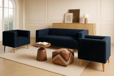 Produktbild von Sofello Modernes und minimalistisches Wohnzimmerset CALMO 3+1+1 ohne Schlaffunktion BLAU – perfekt für das Wohnzimmer!