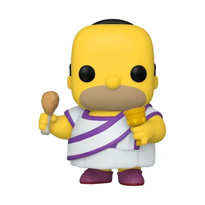 A Funko Pop! vinyl figure of Homer Simpson dressed as Obeseus, holding a drumstick and a goblet.