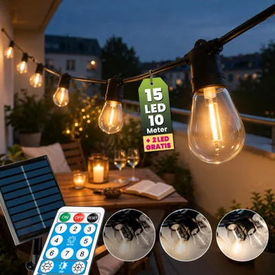 Produktbild von LUMILED Solar Lichterkette für Außen 10M S14 15x LED + 2 Ersatzbirnen, mit Fernbedienung, Warmweiß 2700K IP65 Wasserdicht 8 Betriebsarten Dimmbar Solarlichterkette Solarlampe Garten Outdoor Außenlichterkette