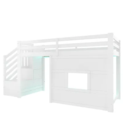 Produktbild von Flieks Etagenbett 90x200cm mit Rausfallschutz, Kinderbett Hausbett mit Led, Hochbett Einzelbett Holzbett mit Fenster, Kinderbett Stockbett, Weiß
