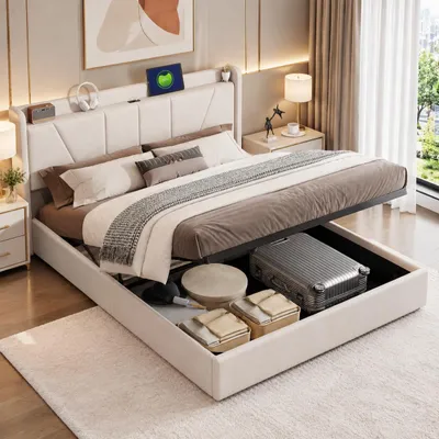 Productafbeelding van INONEFT Hydraulisch verstelbaar bed, 160 x 200 cm, bekleed bed met opbergruimte en lattenbodem, tweepersoonsbed met USB-aansluiting en hoofdeinde met rugleuning, linnen, beige