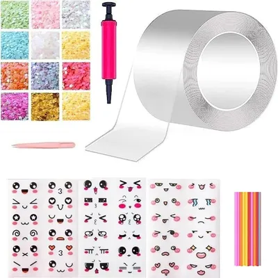 Produktbild von Set 300 cm Nano-Klebeband-Blasenspielzeug mit Strohhalm-Anhänger-Aufkleber, Inflator, Pinzette, Klebstoff, lustiger Stressabbau, DIY-Bastelspielzeug-Set, Kindergeschenk