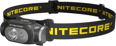 A black Nitecore HA11 2024 headlamp with a yellow and black strap is shown against a white background.