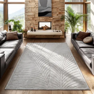 Produktbild von SIMPEX Kurzflor Teppich 240x340 cm XL Grau Wohnzimmer, Schlafzimmer, Küche, 3D Hoch-Tief-Effekt, Skandinavisch Boho Motiv, für Outdoor Bereich geeignet Terrassen oder im Balkon, KI-generiertes Bild