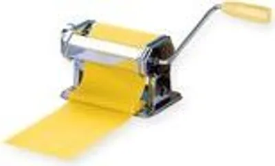 A pasta machine with a long strand of yellow pasta emerging from it.