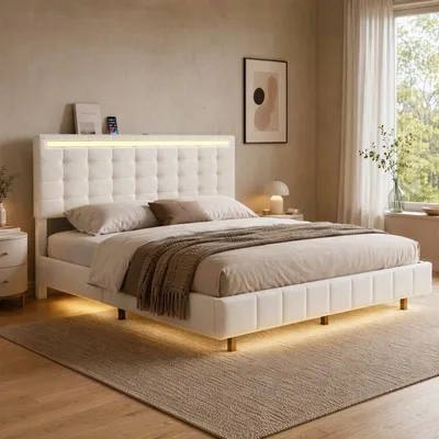Produktbild von ProximaX Polsterbett 160x200 cm Beige mit LED-Beleuchtung, USB-Anschlüssen & Lattenrost