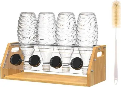 Zdjęcie produktu dla Unyqoos® – stojak na butelki z bambusa – zestaw 4-elementowy, w tym podstawka ociekowa i szczotka do butelek, kompatybilny z SodaStream Crystal i Emil