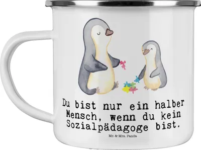 Produktbild von Mr. & Mrs. Panda Emaille Tasse Sozialpädagoge Herz - Weiß - Geschenk, becher, emaillebecher, Teetasse, Haferl, Pott
