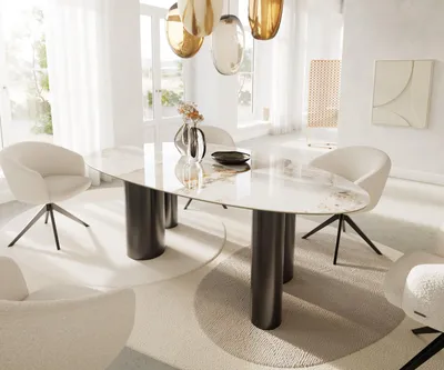 Produktbild von DELIFE Esstisch Edge Oval 220x120 Keramik Minas Melange Weiß-Beige Pilier Edelstahl Graphit
