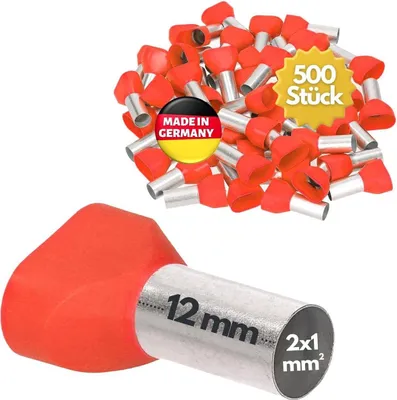 Immagine prodotto di 500 pezzi Kalitec AET112RT terminali isolati a doppia estremità 2x1,0 mm² lunghezza 12 mm rosso I Prodotto in Germania I Qualità industriale