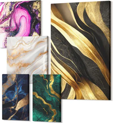 Produktbild von Leinwandbild Set 5-teilig – Modernes Wandbild – Polycanvas Kunstdruck – Abstrakte Bilder – Hochwertige Wandkunst – 2x 30x30 cm + 2x 20x30 cm + 1x 40x60 cm – Abstrakte Muster im modernen Stil mit metallischen Akzenten