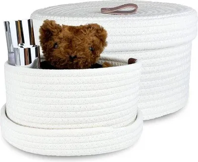 Zdjęcie produktu dla Kosz z bawełnianej liny – zestaw 2 sztuk – biały – z pokrywką – uchwyt skórzany – kosze dekoracyjne – 28 x 15 cm / 24 x 125 cm