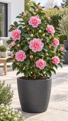 Produktbild von Rosa Kamelie ca. 50 cm – Camellia, blühende Kübelpflanze für Terrasse, Balkon und Wintergarten, KI-generiertes Bild