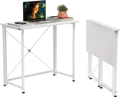 A white folding desk is shown, with a laptop, a phone, and a plant on top. Another folded desk is shown to the right.