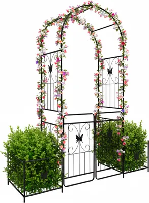 Immagine prodotto di Relaxdays Arco per rose in metallo, arco a tutto sesto con cancello e 2 fioriere, LxPxA: 220x202x50 cm, arco da giardino, cancello per rose, nero