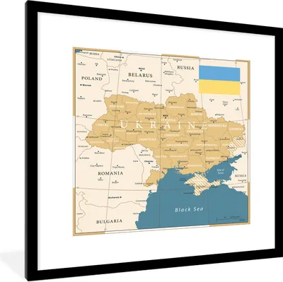 Produktbild von MuchoWow® Gerahmtes Poster Illustration einer Karte der Ukraine mit der Flagge 40x40 cm - Poster mit Schwarzem Bilderrahmen Wandposter Rahmen Foto Bilder - Poster - Plakat im Rahmen