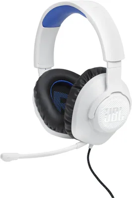 A white gaming headset with a blue inner lining on the headband and black earcups.