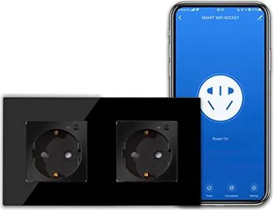 Produktbild von Cnbingo Wlan Schuko Socket Flush-montiert, 16 Amp Glass Smart Works Alexa (Echo, Echo DOT), Google Assistant, App Control, nur 2,4 GHz WiFi, 2