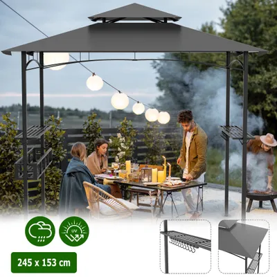 Obrázok produktu pre XMTECH BBQ pavilón 244 x 153 x 250 cm antracitový oceľový grilovací pavilón Vodotesný stabilný Zimovzdorný s dvojvrstvovou strechou, tmavosivý