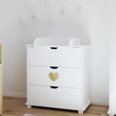 Immagine prodotto di ZEE HEART Comò fasciatoio bianco con cuori naturali 83x87x49 cm, 3 cassetti, piano fasciatoio rimovibile, comò per bambini in stile scandinavo