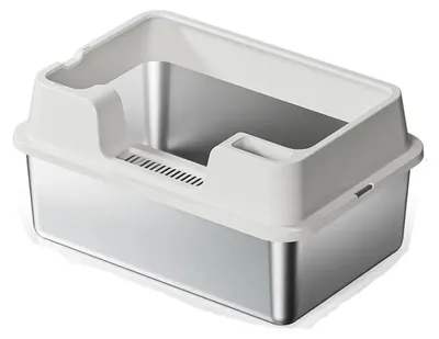 Image de Litière pour chat en acier inoxydable - Grande taille (XXL) - Semi-ouverte - Bords hauts - Blanche