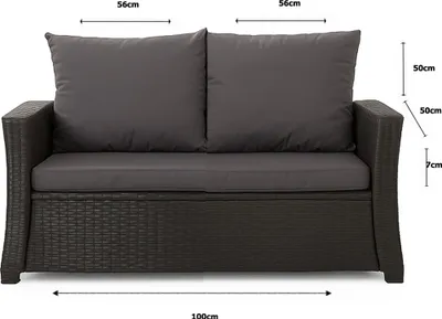 A front view of a dark grey outdoor sofa with dark grey cushions, showing dimensions.