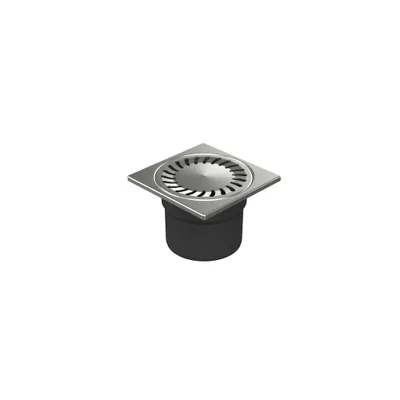 A stainless steel floor drain with a black pipe attachment, shown in a studio setting against a white background.