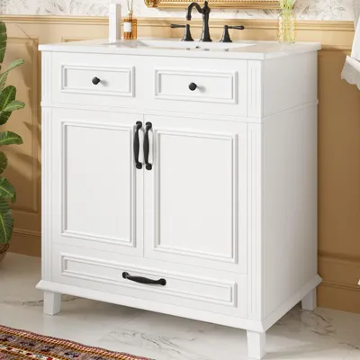 Produktbild von Waschtisch freistehend 77x46x86 cm 9 Fächer Soft-Close Keramik Weiß