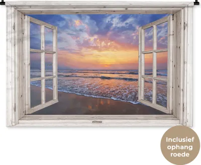 Produktbild von MuchoWow® Wandteppich Wandbehang Aussicht - Meer - Strand - Sonnenuntergang - Blau 150x100 cm Tapisserie Dekoration Wandtuch - Waschbar - Tapisserien - Wand-Decke