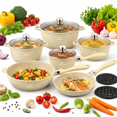 Produktbild von Klönberg 12-teiliges Topfset, antihaftbeschichtet, ideal für alle Herdarten, mit Deckel, schnell aufheizbar, Induktionstöpfe,mit Pfanne KB4080 Beige
