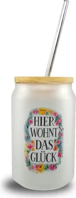 Produktbild von Hier wohnt Glück Trinkglas mit Bambusdeckel Blumenkranz