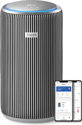 A Philips air purifier is shown next to two smartphones displaying the Philips Air+ app.