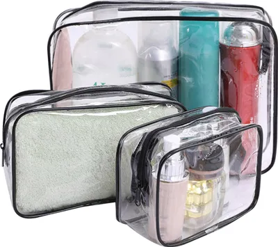 Produktbild von 3-teiliges/Set transparentes Kosmetiktaschen-Set mit Reißverschluss, wasserdicht, sichtbar, tragbar, quadratische Form, große Kapazität, Make-up-Tasche für Geschäftsreisen im Freien, Kulturbeutel, Make-up-Organizer