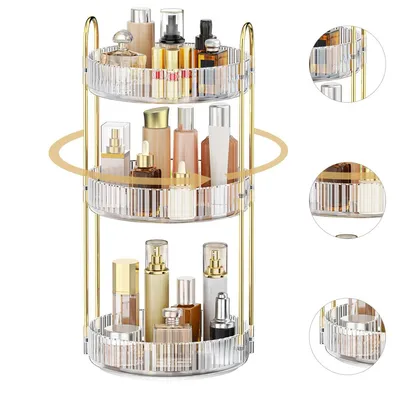 A 3-tier rotating makeup organizer filled with various skincare and makeup products.