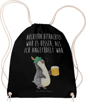 Produktbild von Mr. & Mrs. Panda Stoffbeutel Pinguin Bier - Schwarz - Geschenk, Feierabend, Turnbeutel, Jutebeutel, Stoffrucksack, wander rucksack, Angetüdelt, Beschwippst, gym tasche