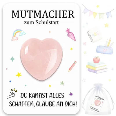 Produktbild von Mutstein Herzform Rosenquarz Einschulung Geschenk für Kinder Rosa mit Karte & Organzabeutel