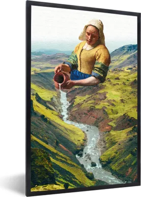 Produktbild von MuchoWow® Gerahmtes Poster Milchmädchen - Natur - Vermeer 60x90 cm - Poster mit Schwarzem Bilderrahmen Wandposter Rahmen Foto Bilder - Kunst