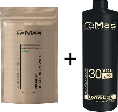 Produktbild von FemMas Premium Blondierpulver Weiss 500g + Oxycreme 9% 1L