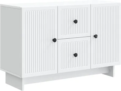 Productafbeelding van Dressoir, wit, 89x34,5x60 cm. Kast met 2 lades en 2 deuren. Modern bijzetmeubel van houtvezel. Grote dressoir voor woonkamer en eetkamer