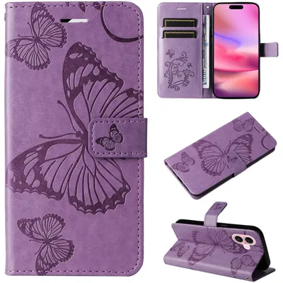 Produktbild von Mobigear Butterfly iPhone 16 Hülle Klapphülle Geldbörse - Lila