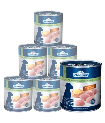 Produktbild von Dehner Premium Hundefutter Sensitive, Nassfutter zuckerfrei / getreidefrei, für ausgewachsene ernährugssensible Hunde, Huhn / Kartoffel, 6 x 800 g Dose (4.8 kg)