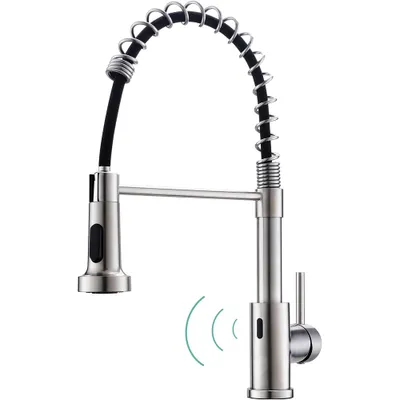 A kitchen faucet with a pull-down sprayer and a sensor.