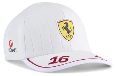 Obrázek produktu pro Kšiltovka Scuderia Ferrari Team Cap Charles Leclerc 2025 (bílá), oficiální fanouškovský artikl, kšiltovka Snapback s číslem 16 a znakem Ferrari, 100 % polyester