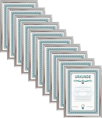 A stack of silver document frames arranged diagonally on a white background.