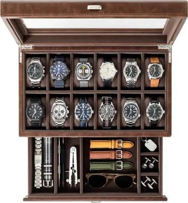 Obrázok produktu pre TAWBURY box na hodinky 12 hodiniek - box na hodinky pre mužov s 12 priehradkami, hnedý, elegantný box na hodinky pre mužov, ideálny ako šperkovnica na hodinky, praktický box na hodinky pre mužov.