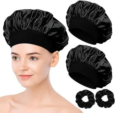 Produktbild von Schlafhaube aus Satin, 2 Stück, Seidenhaube für die Nacht mit 2 Haargummis zum Schutz der Haare