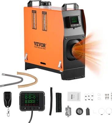 A VEVOR diesel air heater and its accessories are displayed against a white background.